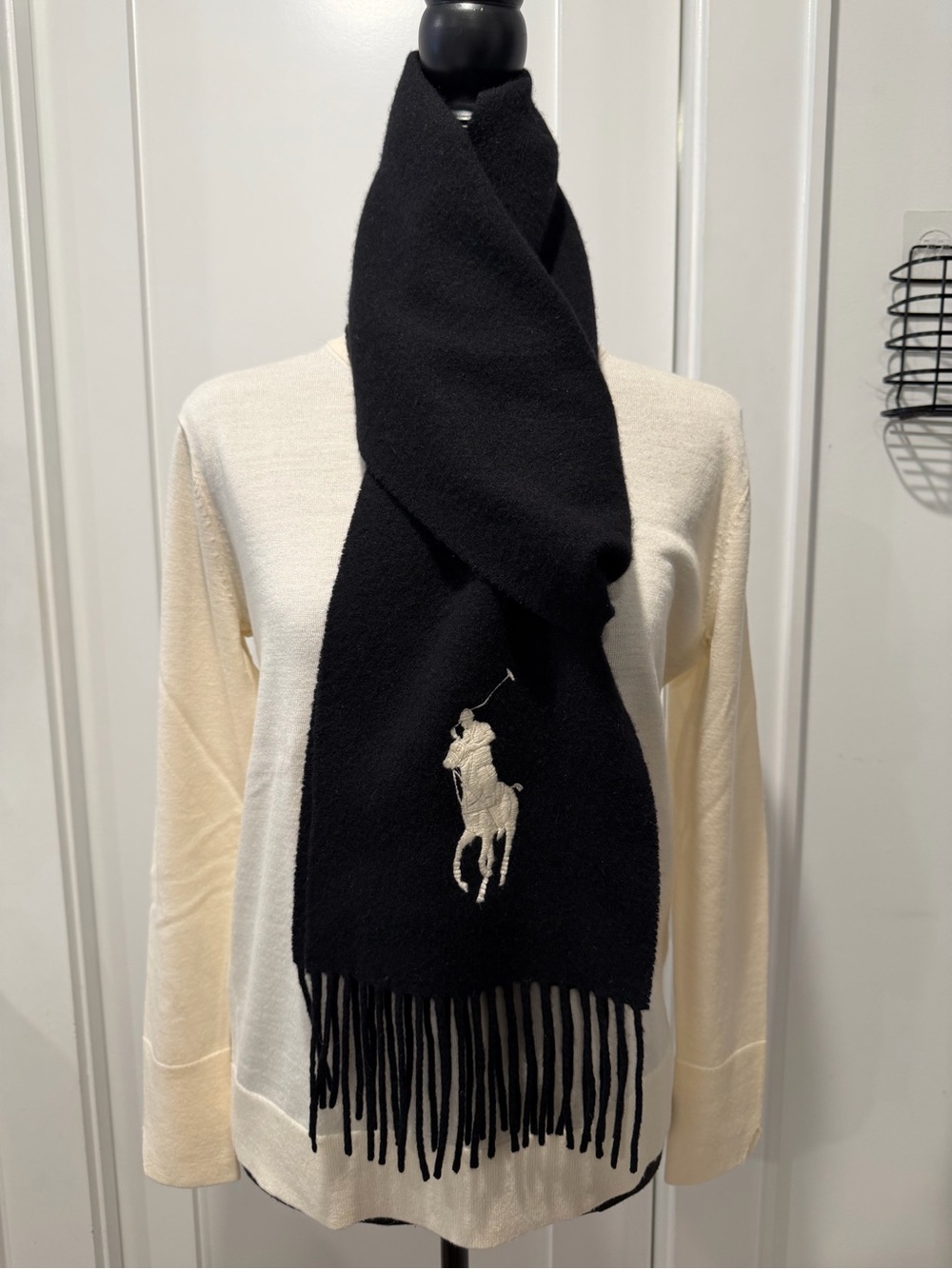 Ralph Lauren Cashmere Lambswool Big Pony Scarf Black NWOT $295